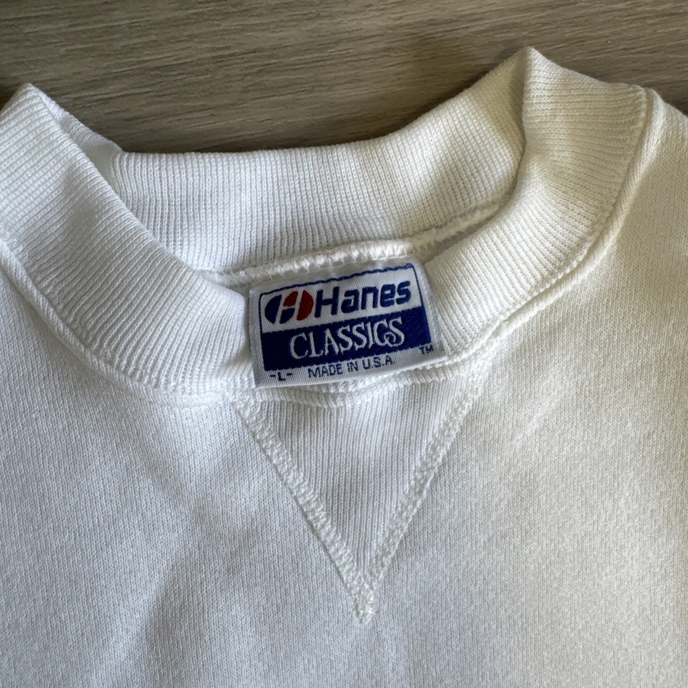 Vintage 80s Hanes Classics White Blank Crewneck Sweatshirt 1990s V Notch Sz L